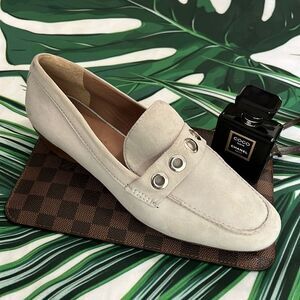 Bernardo Career Office loafers suede with silver grommets.